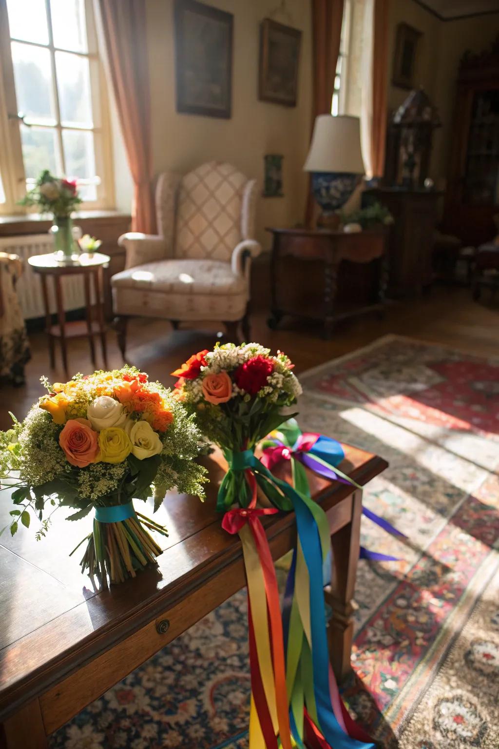 Vibrant ribbon-tied bouquets showcasing a pop of color.