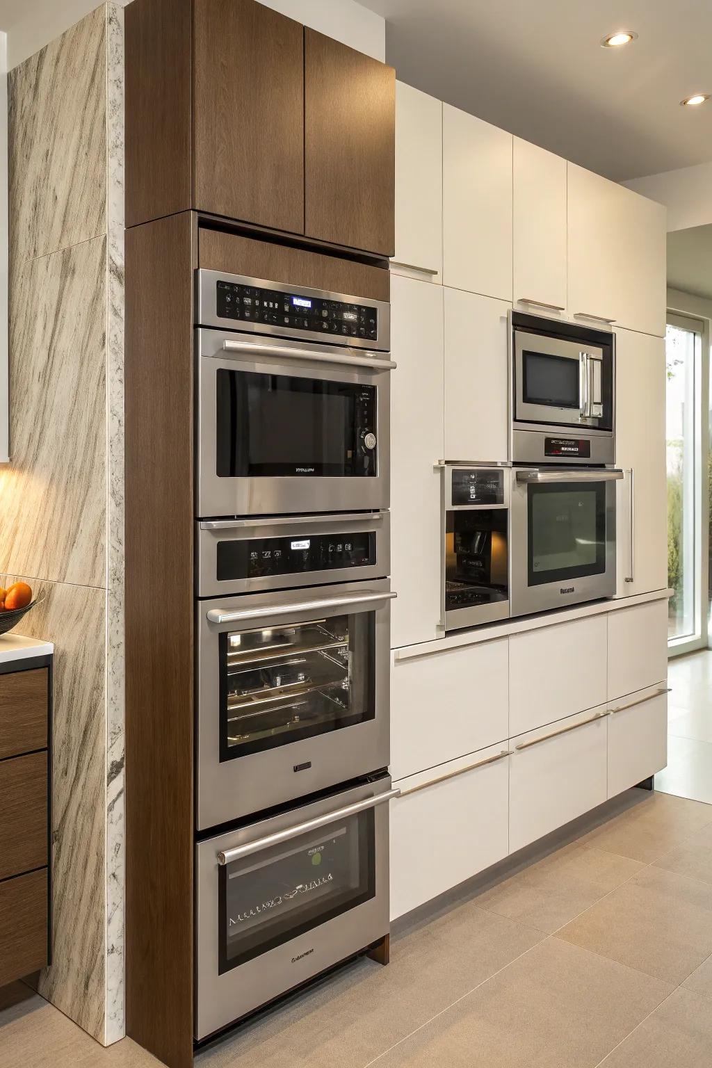 Column of stacked appliances for an efficient kitchen layout