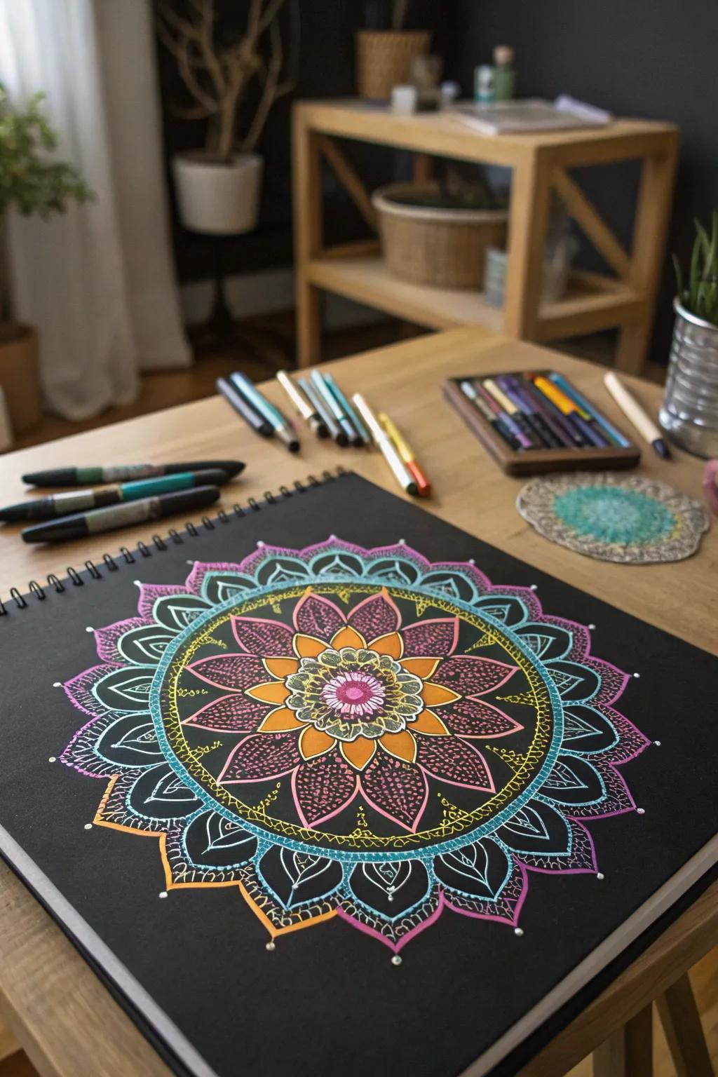 Metallic gel pens add a luminous touch to intricate mandala designs.