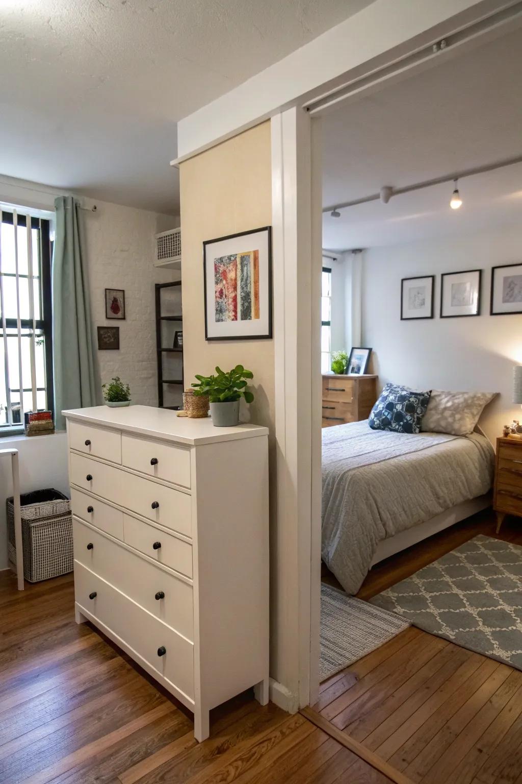 A dresser serves as a practical divider between living and sleeping spaces.