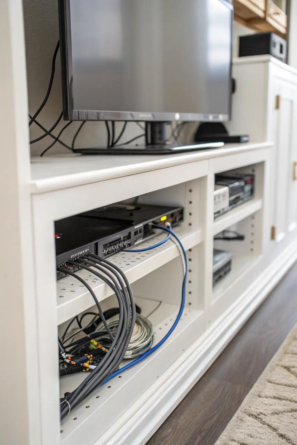 Built-in wiring keeps this entertainment center tidy and organized.