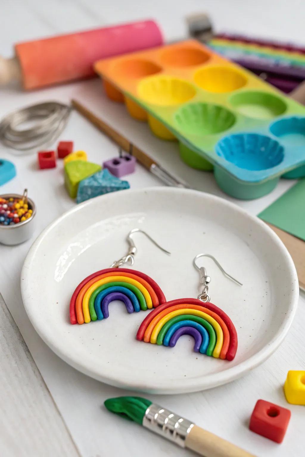 Brighten your day with these colorful clay rainbow earrings.