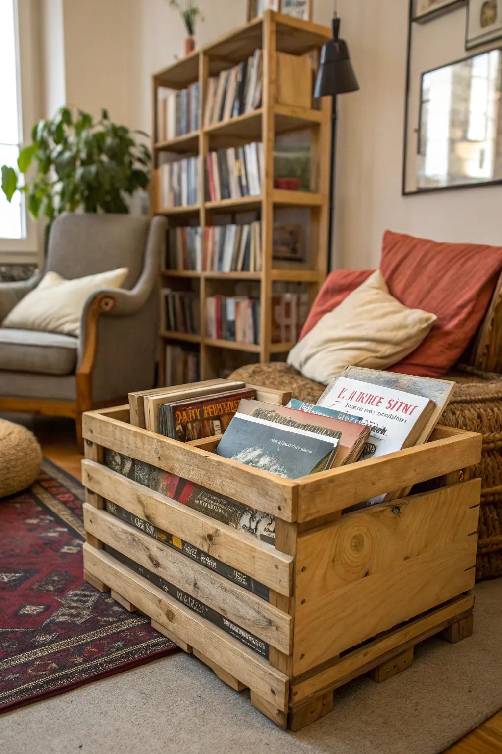 Organize your space with a DIY wooden pallet crate.