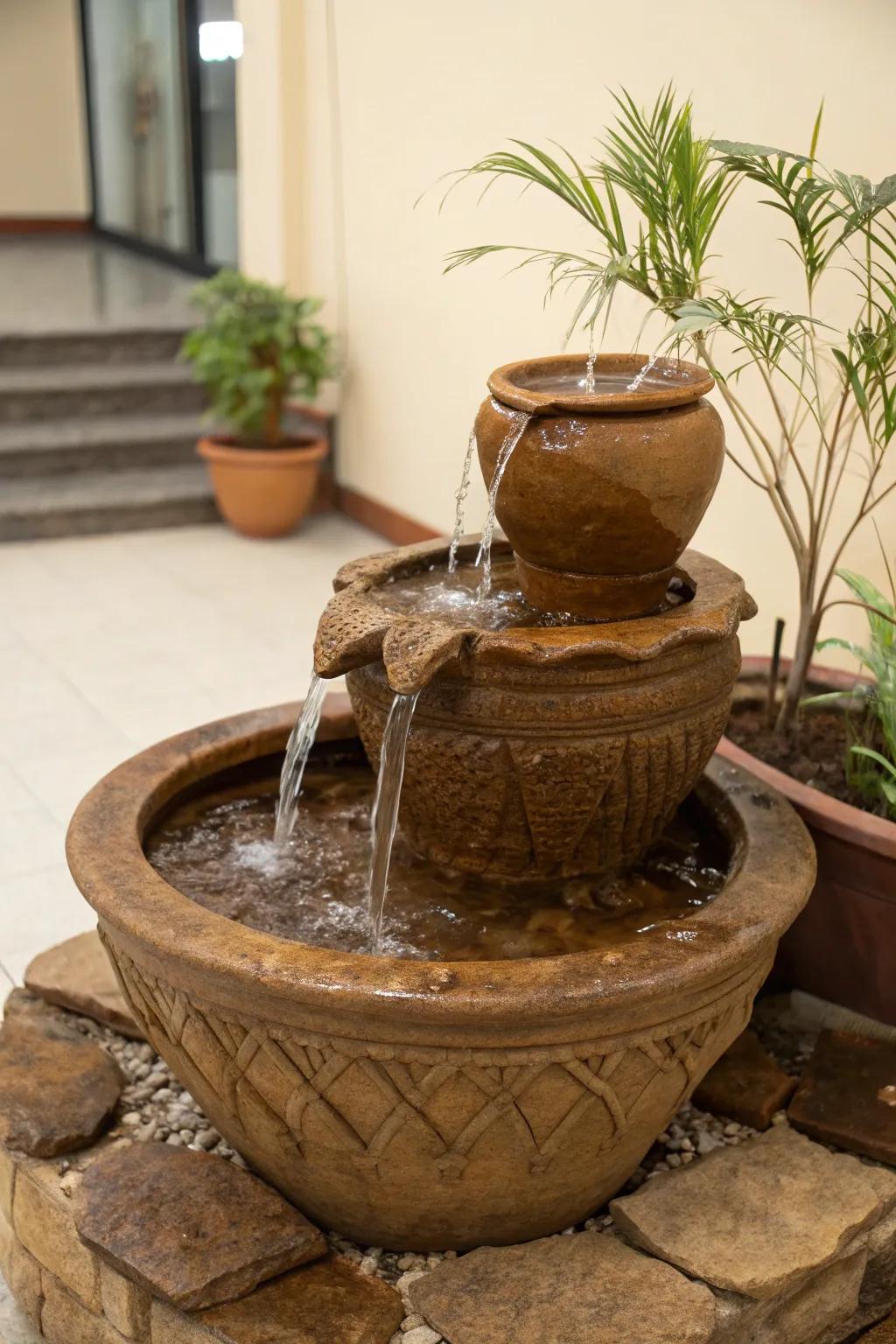 An elegant indoor water feature crafted from excavator clay, complete with flowing water.