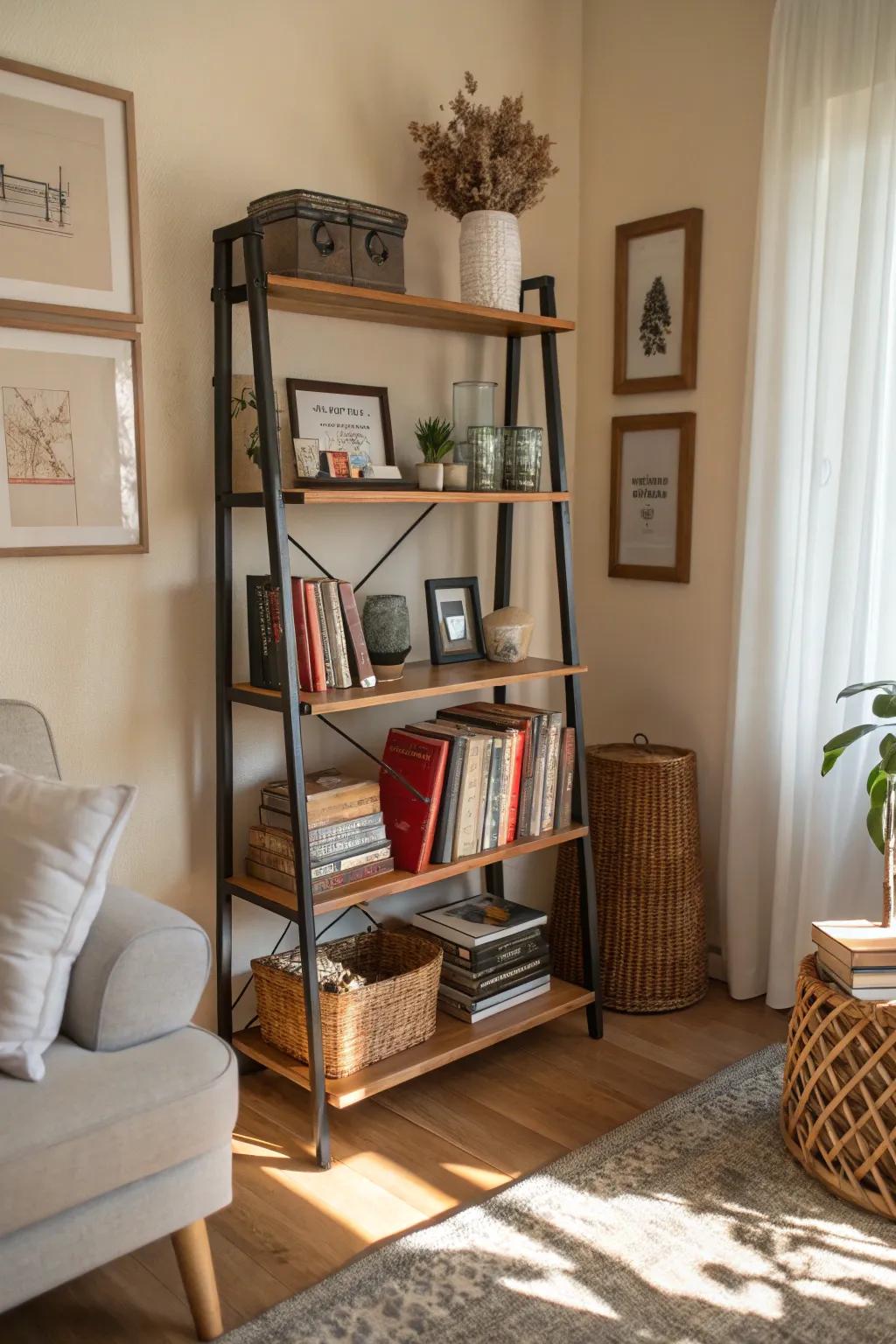 Foldable shelving units offer flexible storage solutions.