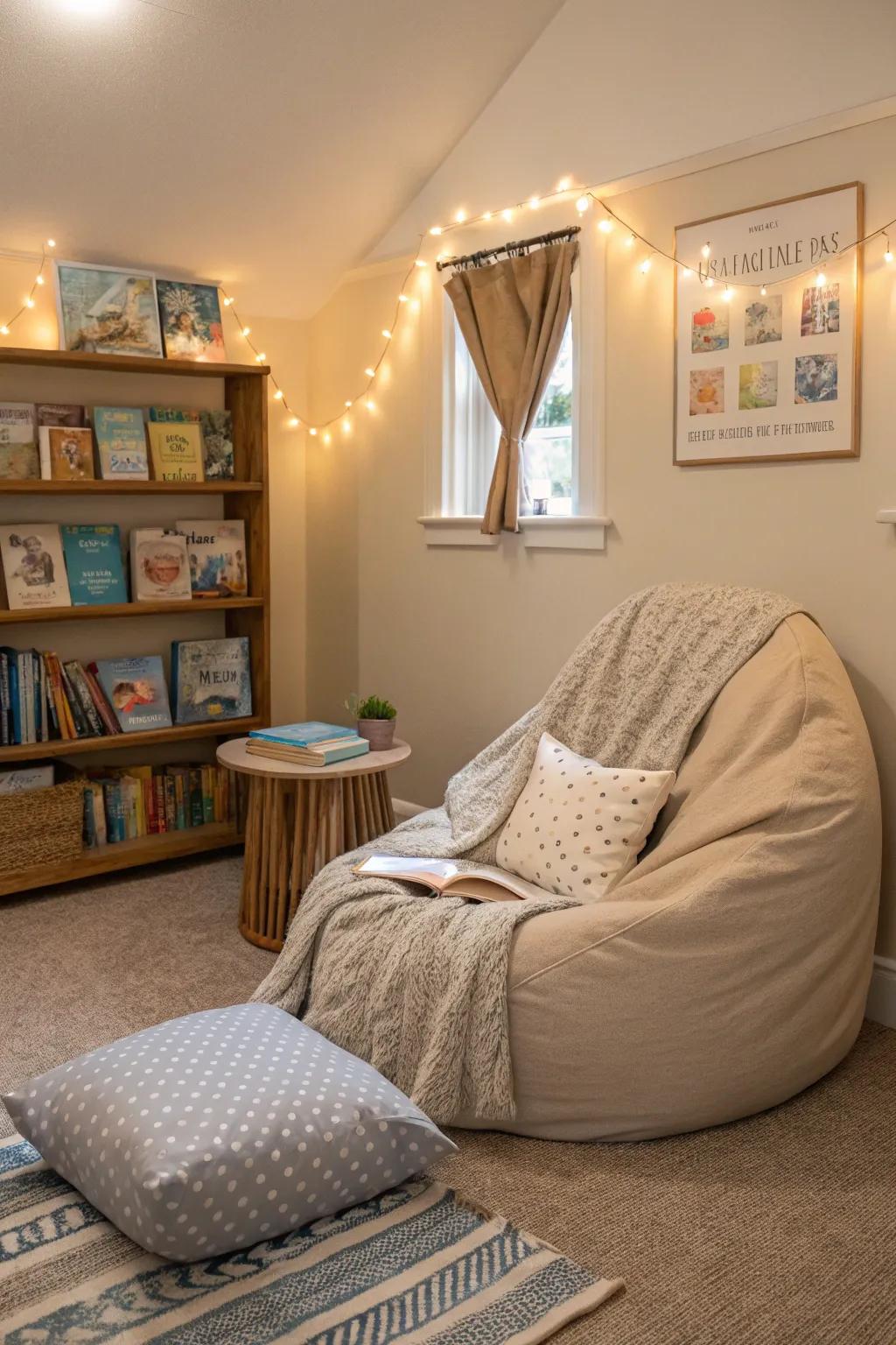 A cozy reading nook with a beanbag, perfect for quiet moments.