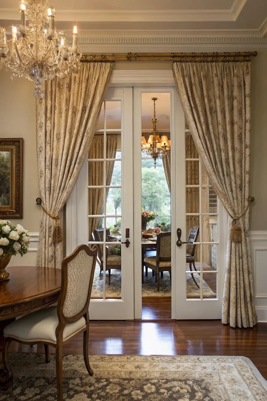 Elegant embellishments on curtain rods enhancing the dining space.