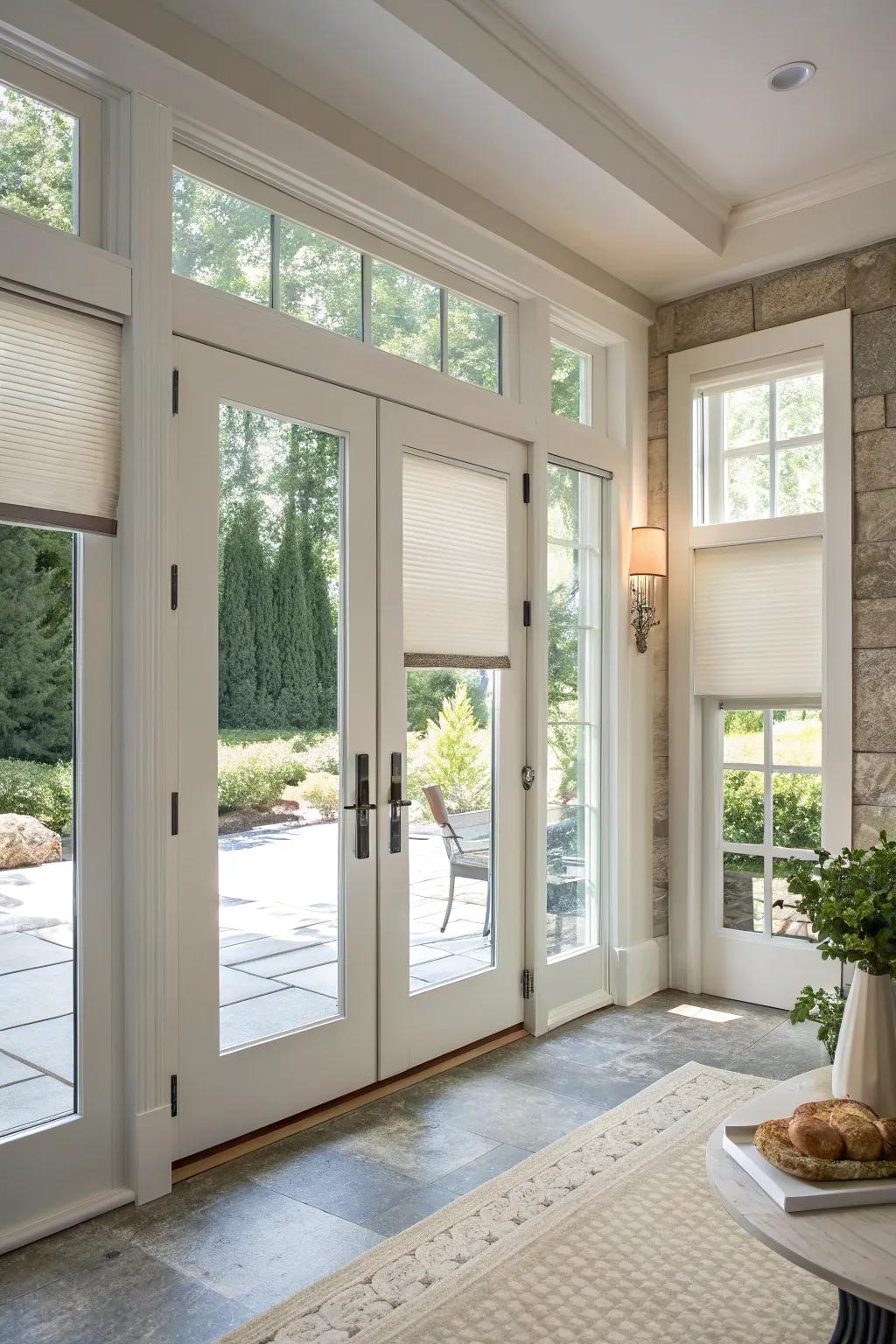 Energy-efficient cellular shades on French doors for a modern look.