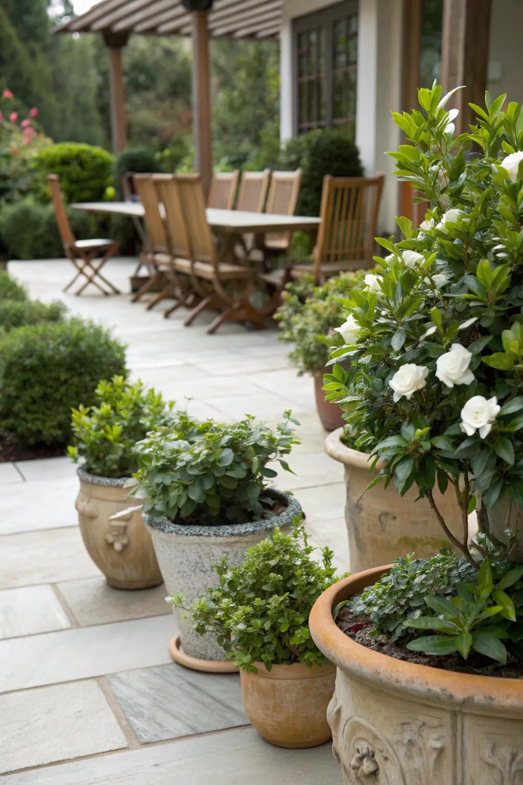 Enhance your patio with container gardenias for a fragrant touch.