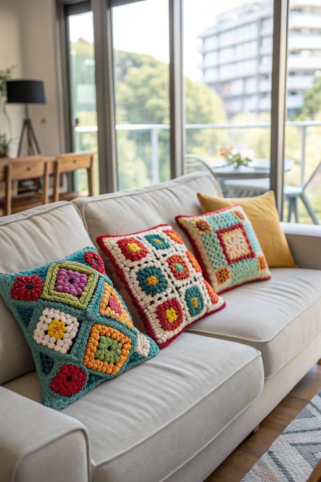 Vibrant pillows made from granny squares, adding a touch of handmade charm to any sofa.