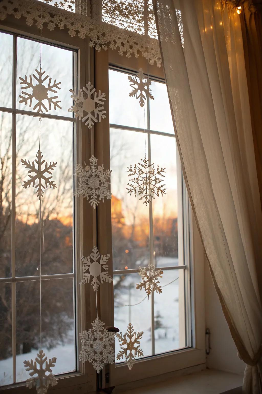 A window decorated with whimsical paper snowflakes.