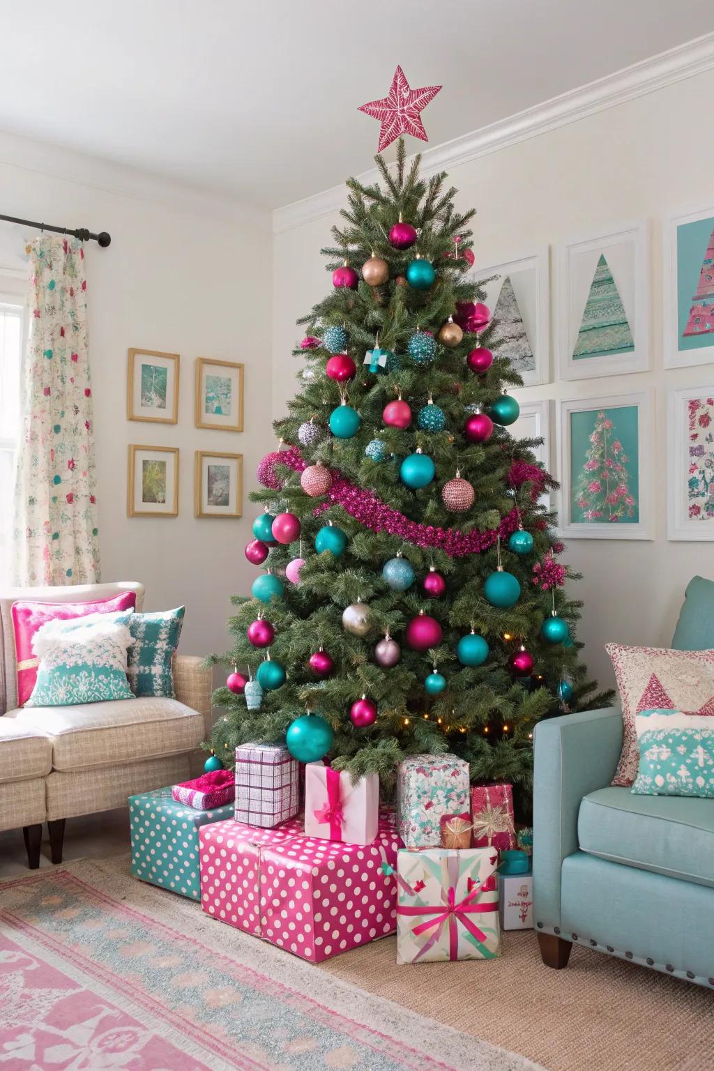 A vibrant Christmas tree that adds a joyful pop of color to the holidays.