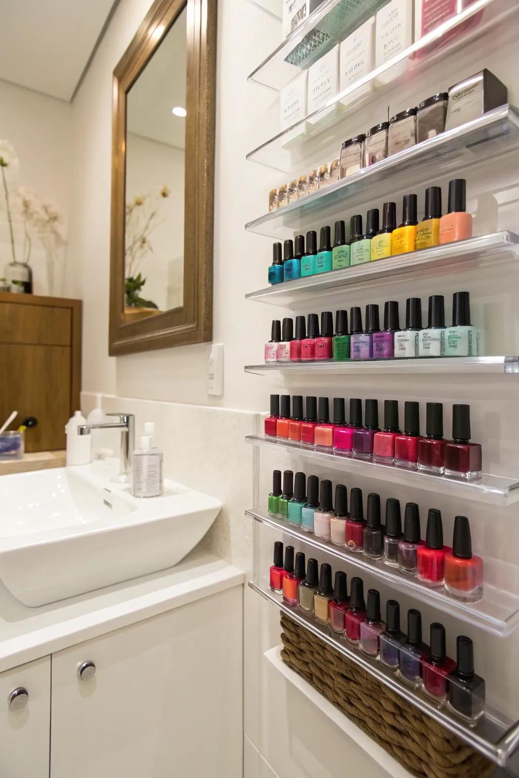 Acrylic shelves offer a sleek and modern way to display your nail polish.