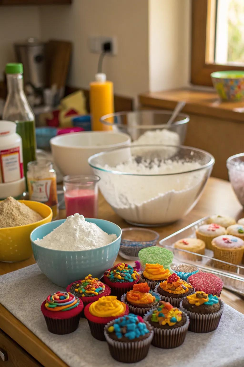 A delightful baking party with colorful cupcakes.