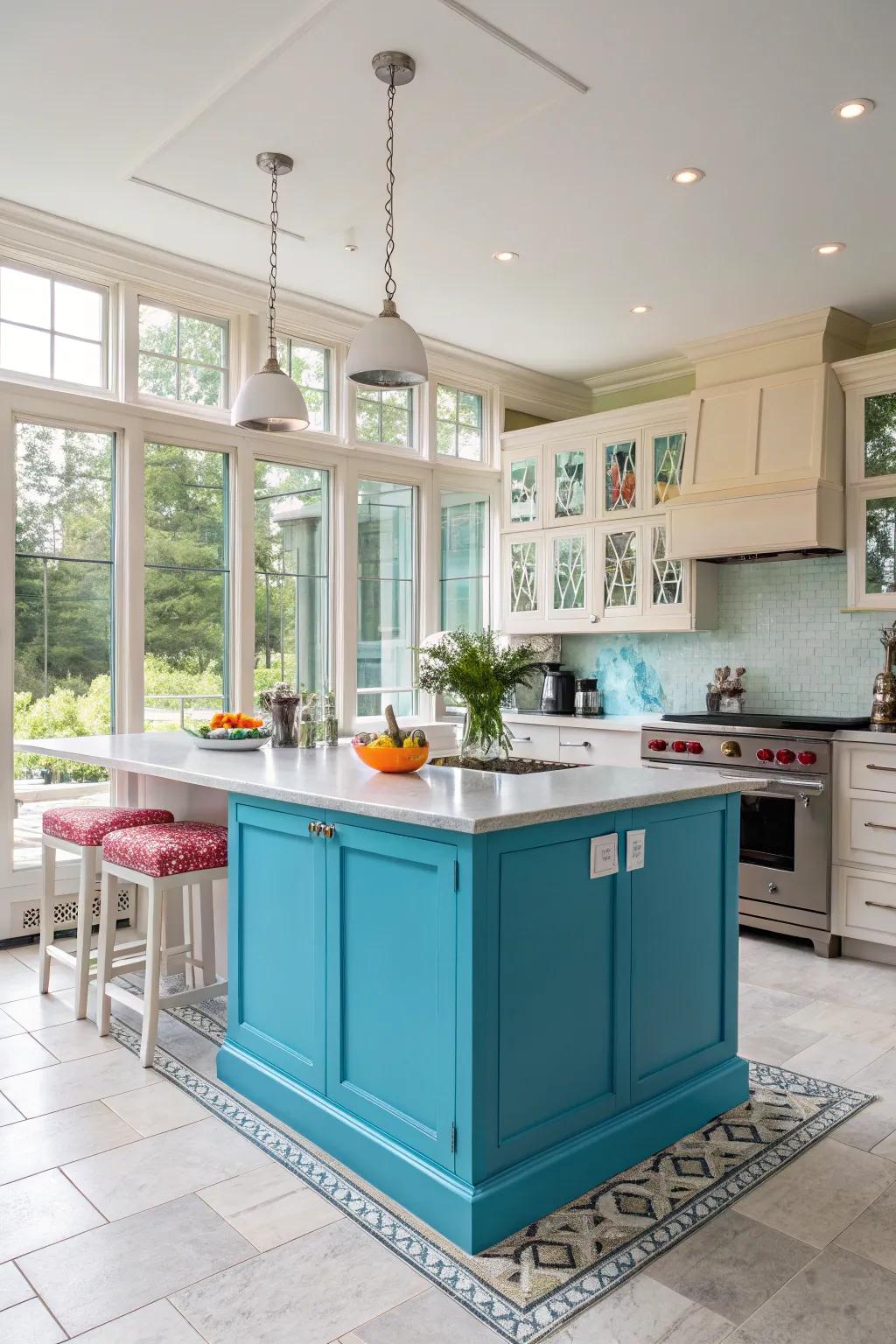 A vibrant kitchen peninsula with a bold color accent.