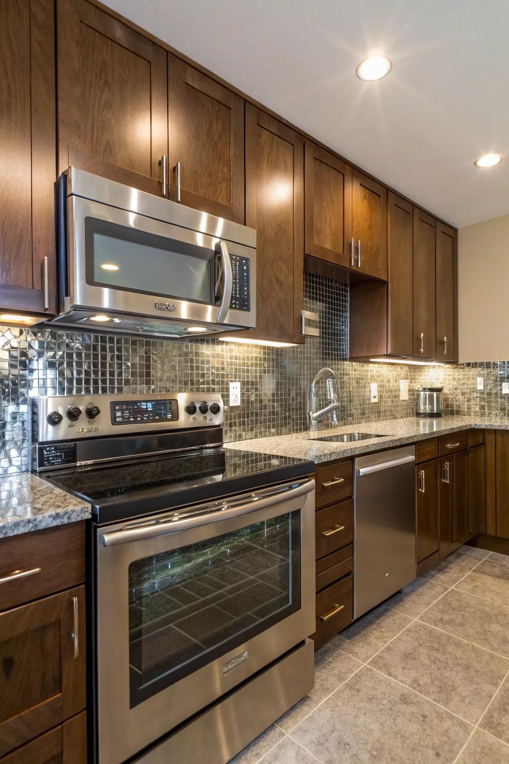 Reflective surfaces amplify light in a kitchen without windows.