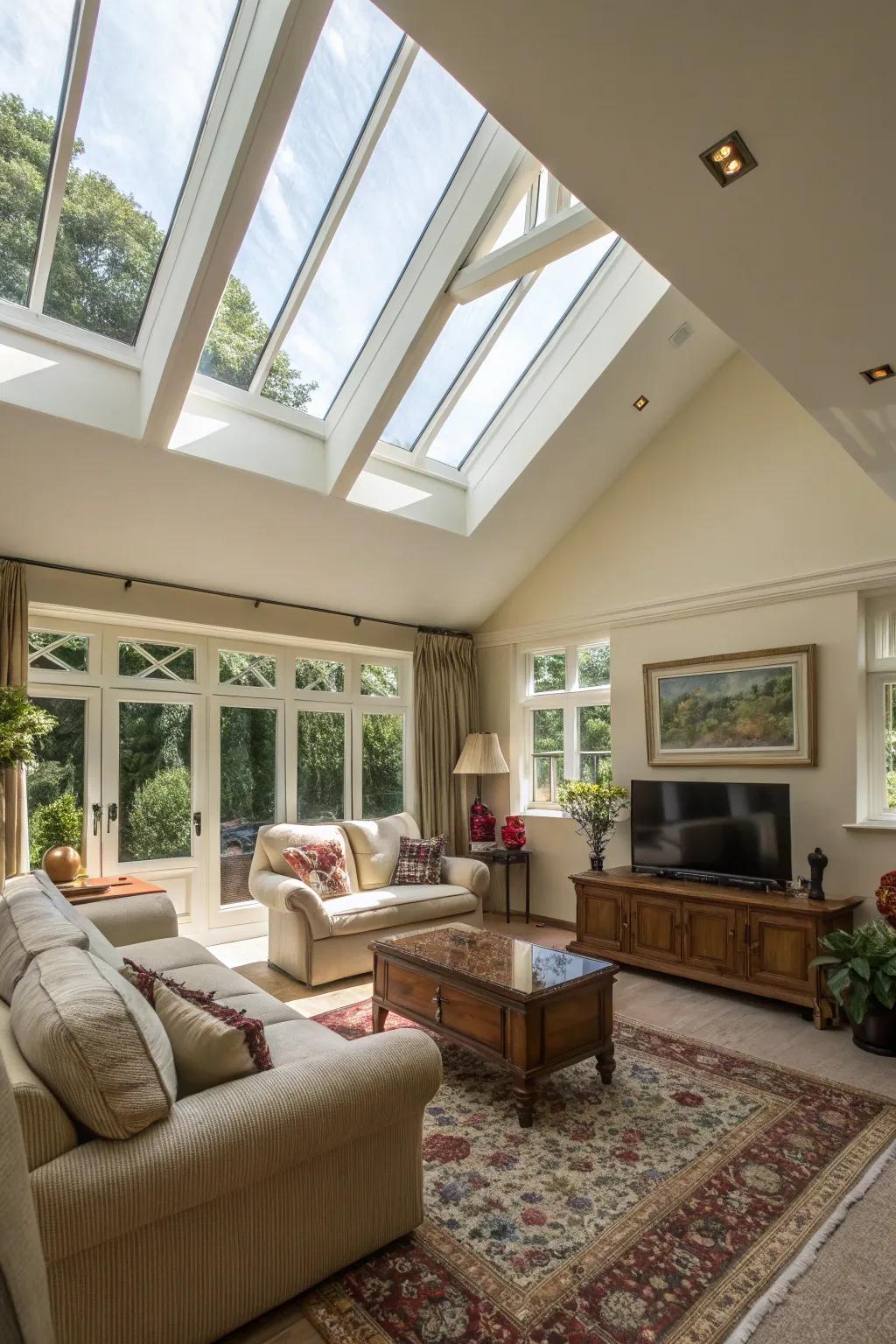 A bright living room with skylights that enhance the vaulted ceiling.