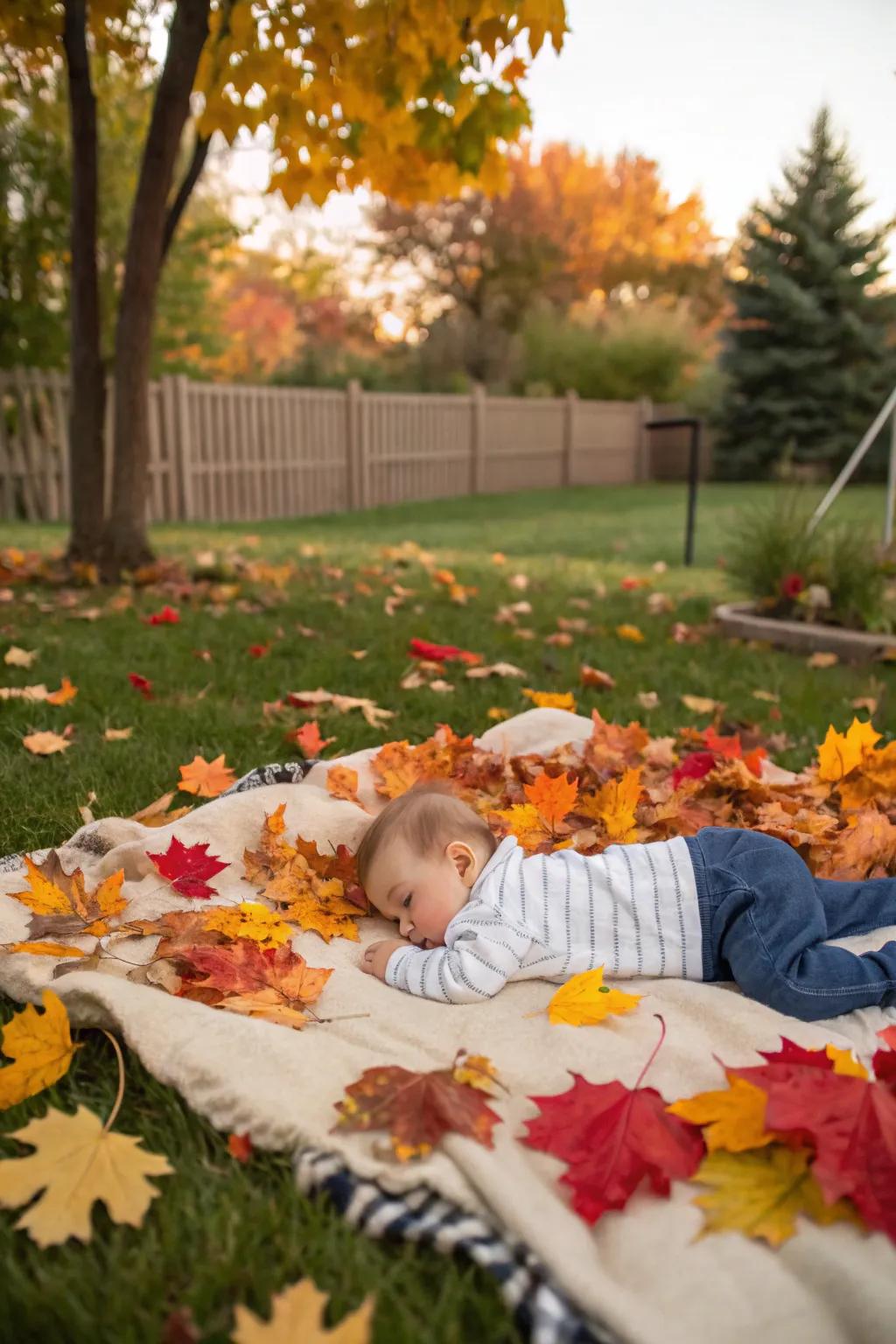 A newborn enjoying the vibrant colors of autumn leaves.