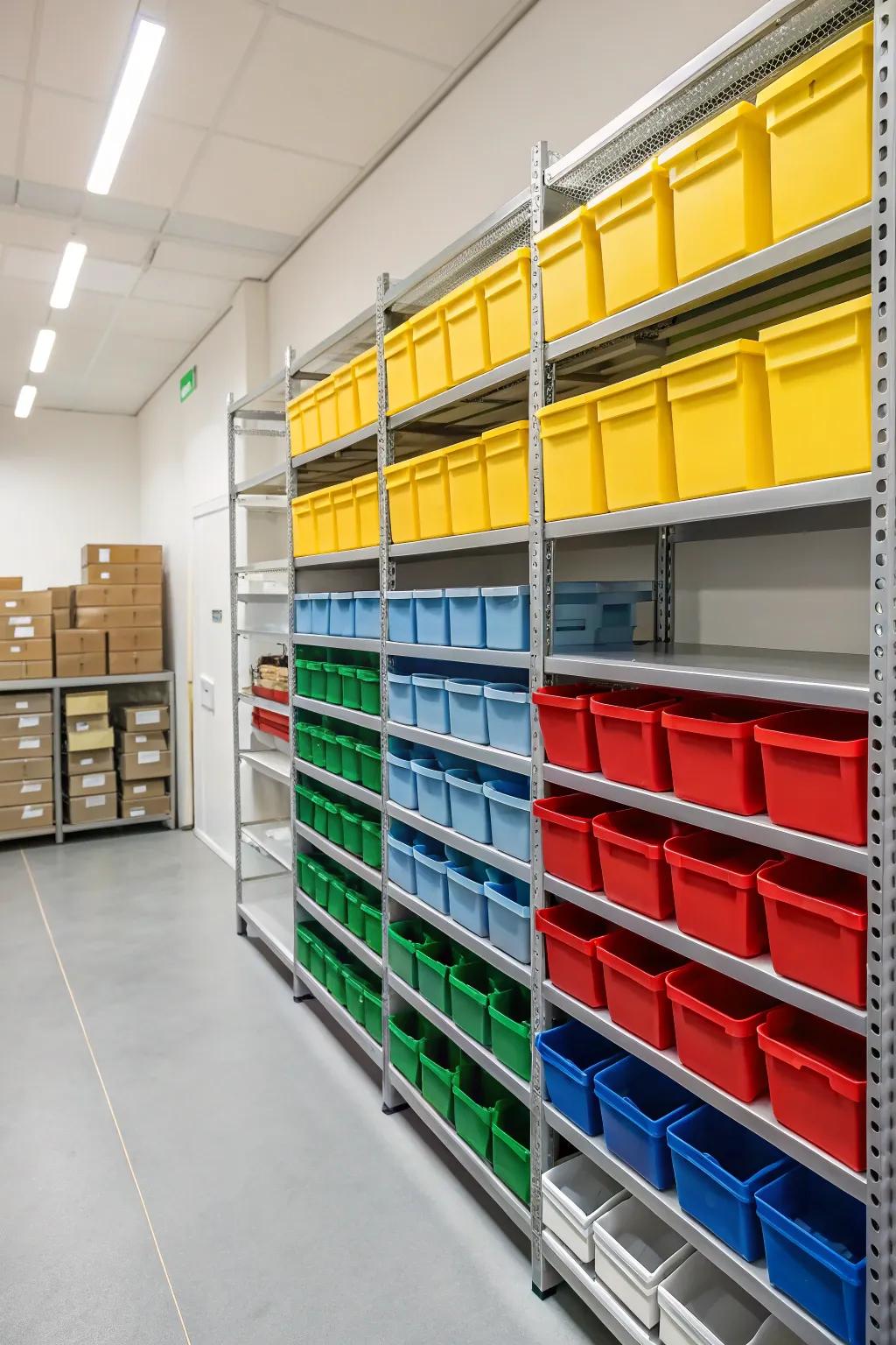 Color-coded bins help keep your storage unit organized and vibrant.