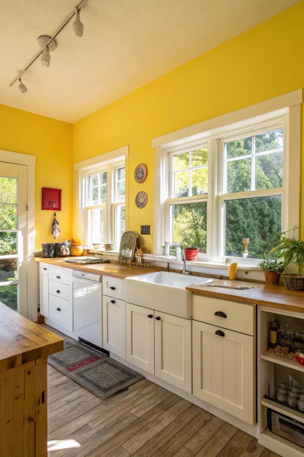 Yellow walls infuse the kitchen with warmth and energy.