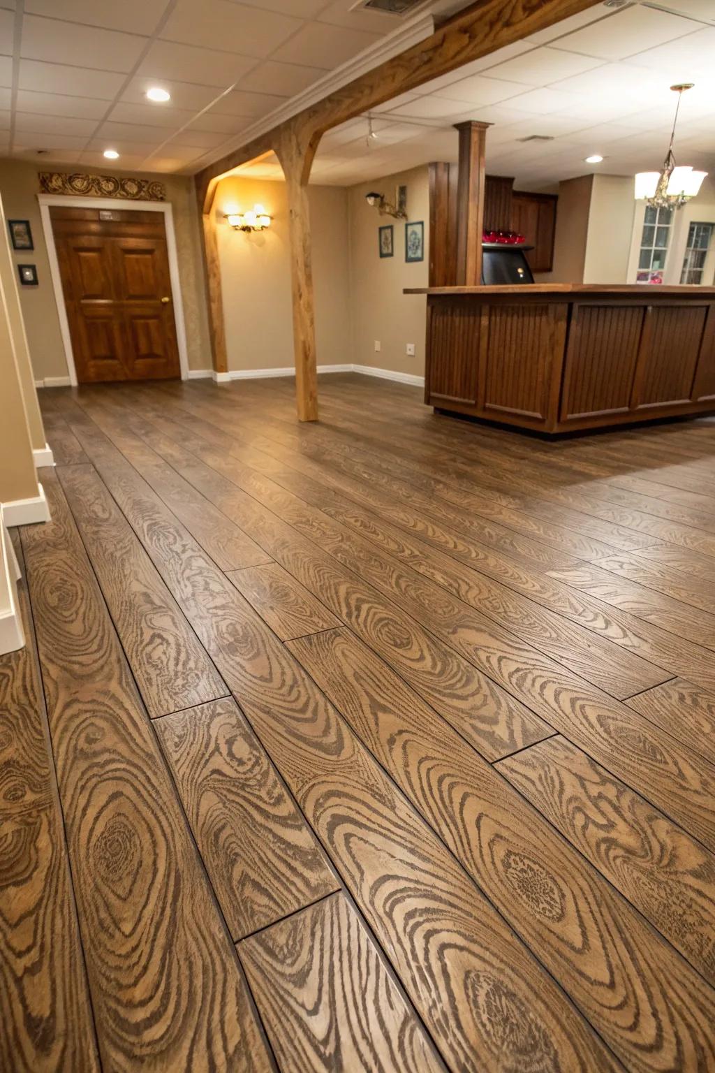 Woodgrain patterns offer a rustic charm to concrete floors.