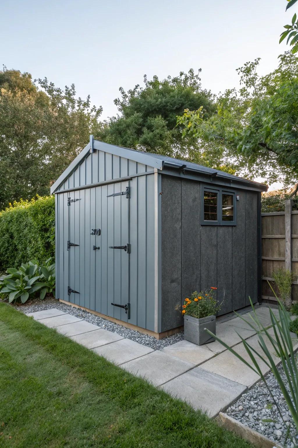 An industrial slate grey shed with a sleek, modern aesthetic.