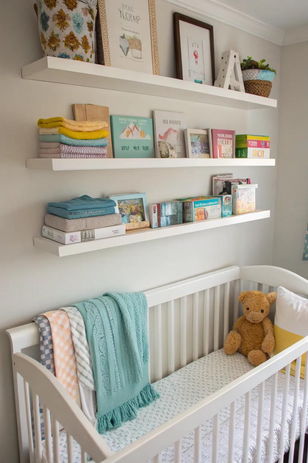 Wall shelves above a crib, perfect for storing baby essentials.