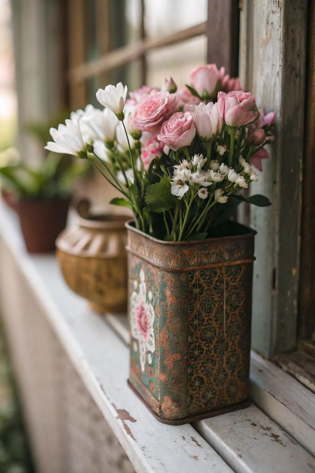 A vintage tea tin brings a quirky charm to this floral arrangement.