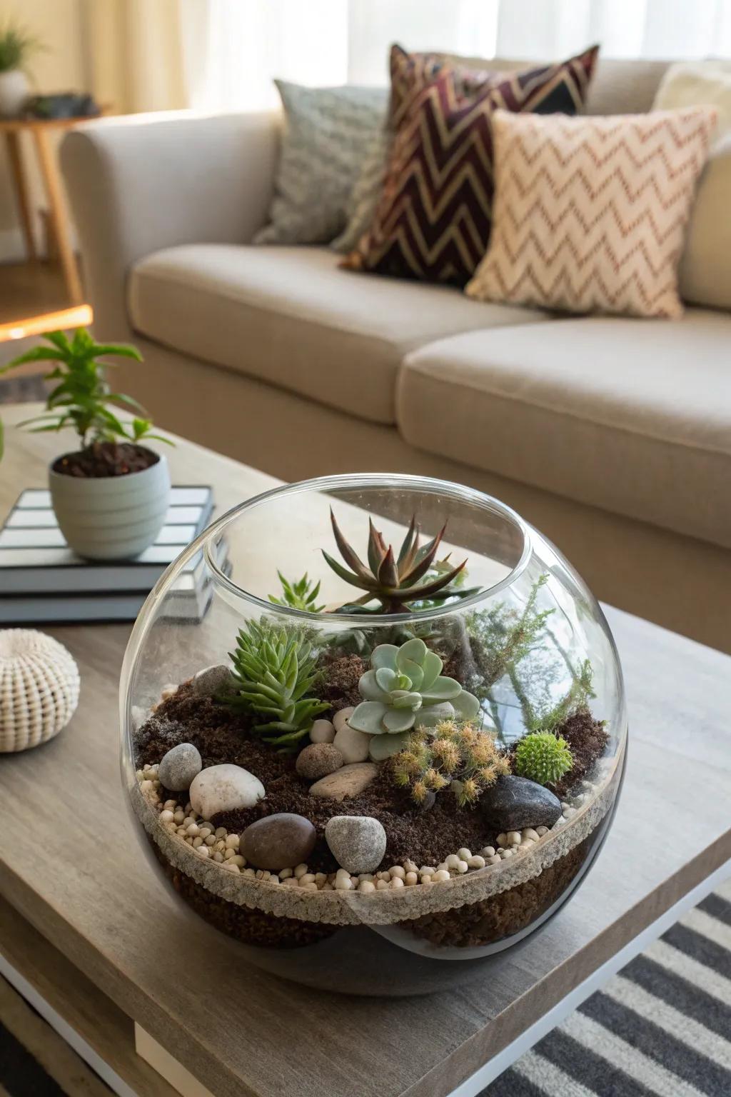 A terrarium brings a lush, low-maintenance garden indoors.