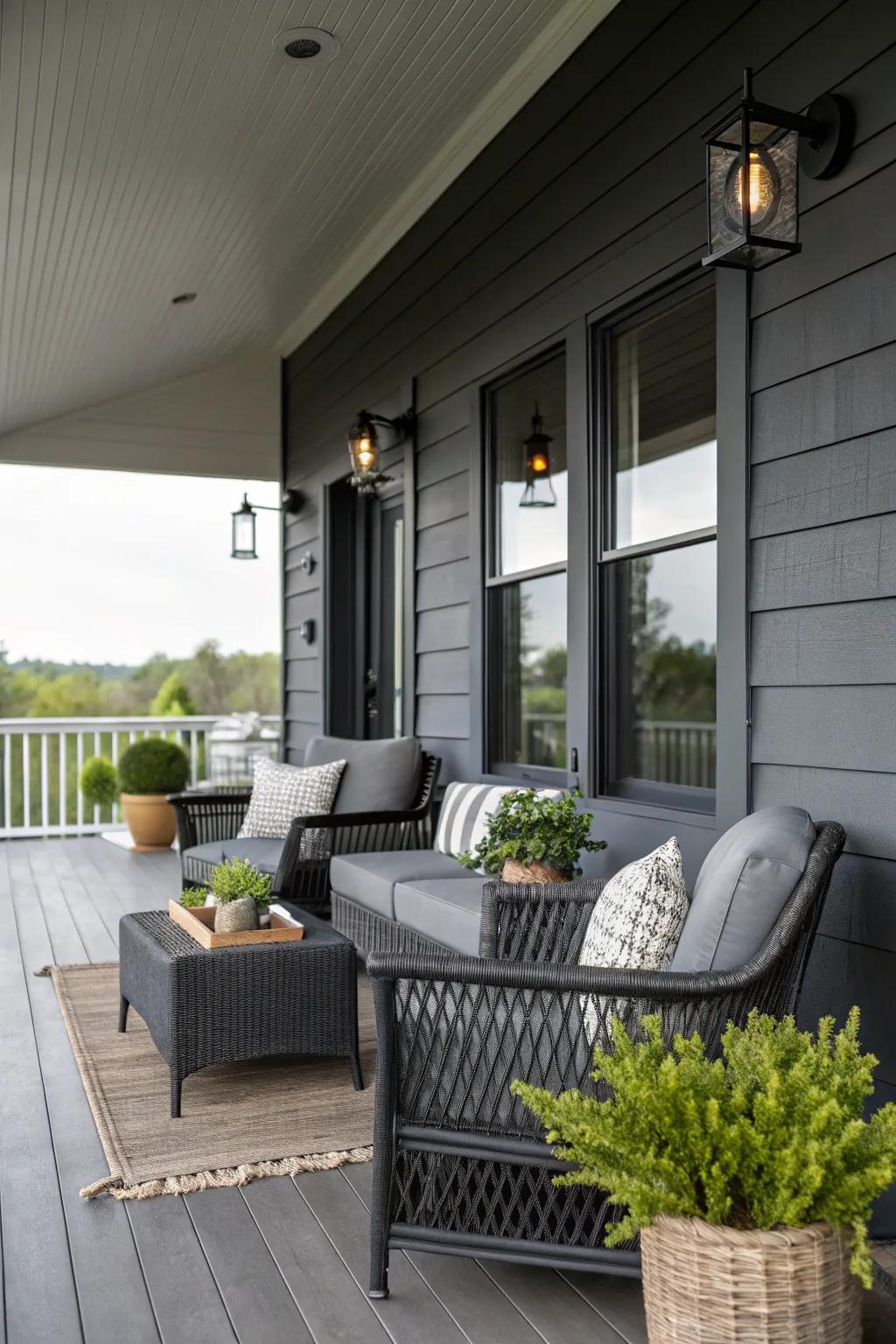 A bold charcoal gray porch makes a modern, sophisticated statement.