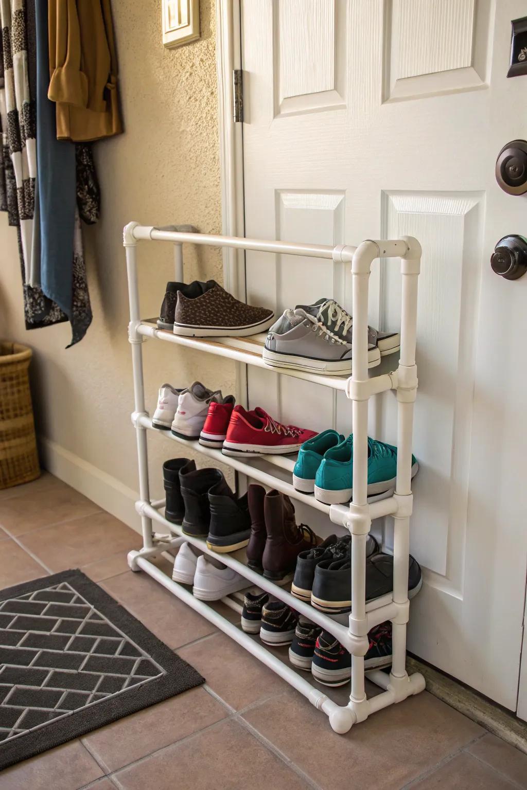 Keep your shoes organized and your entryway clutter-free with a custom PVC rack.