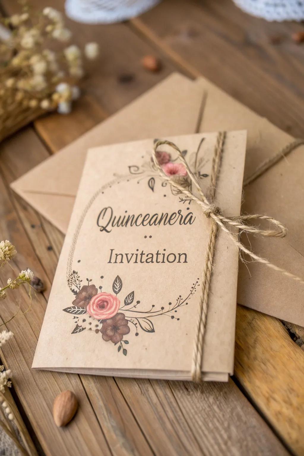 A rustic quinceañera invitation with kraft paper and twine for a cozy feel