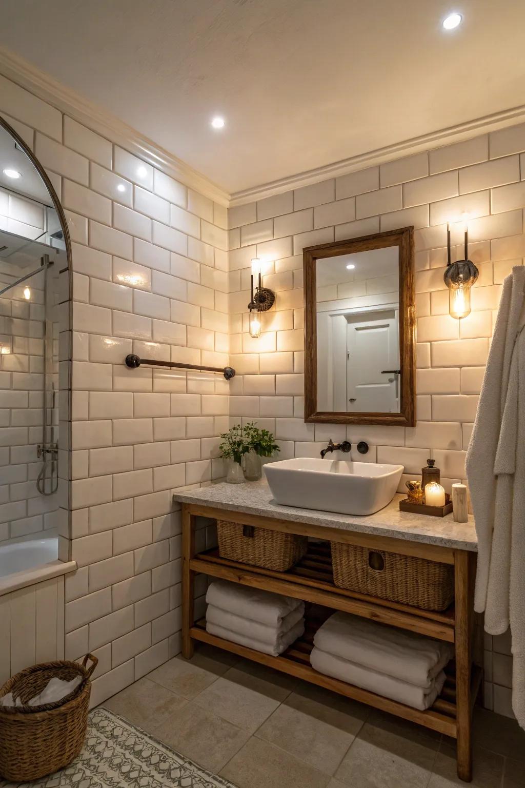 Ambient recessed lighting provides a gentle glow throughout the bathroom.