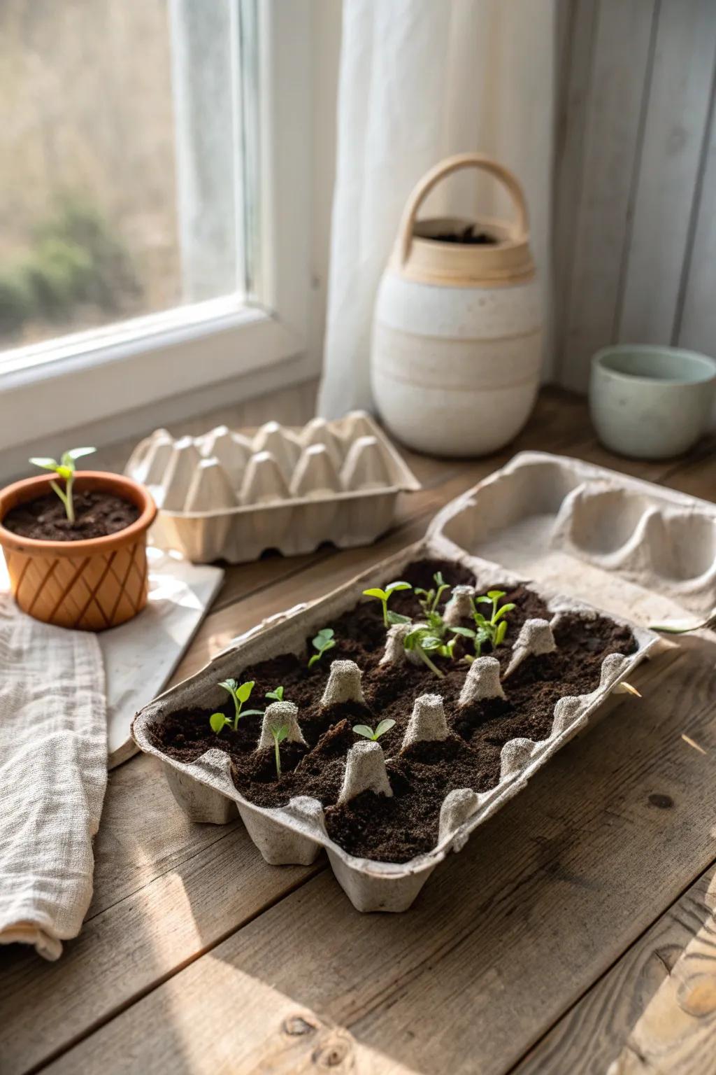 Nurture your garden dreams with these eco-friendly egg carton seed starters. 🌿 #SustainableLiving #MinimalistGardening