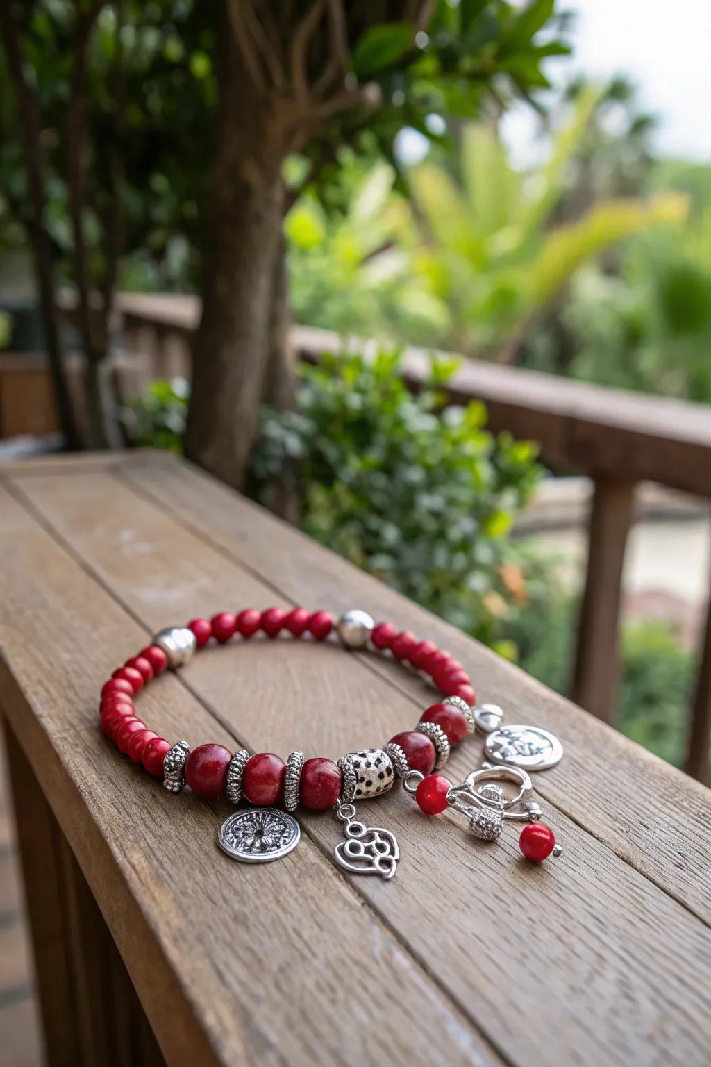 Charms add a whimsical touch to red clay bead bracelets.