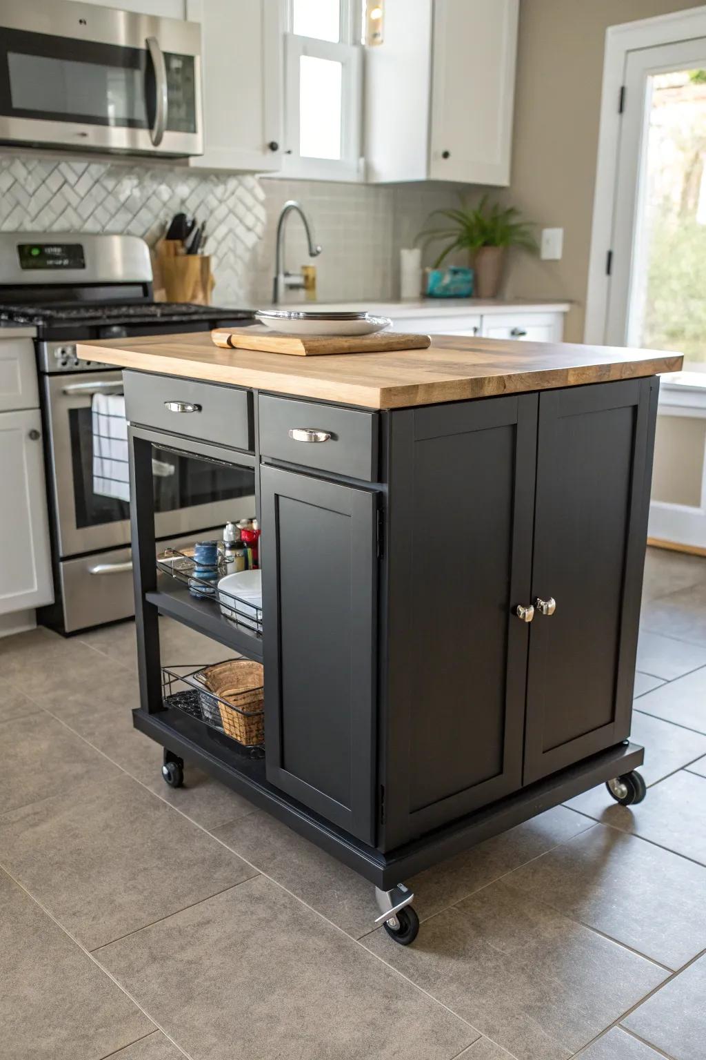 A compact kitchen island with wheels, adding versatility and extra storage to a small space.