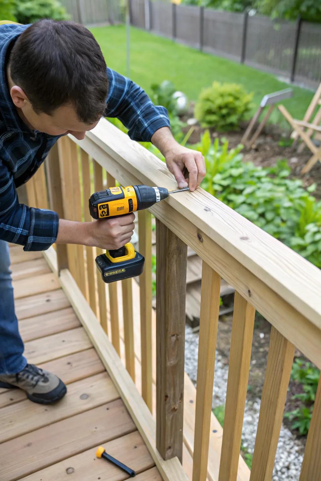 Firmly securing deck railings for enhanced safety.