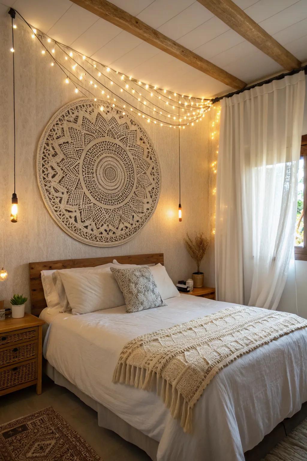 Macramé wall hangings enhance cozy vibes.