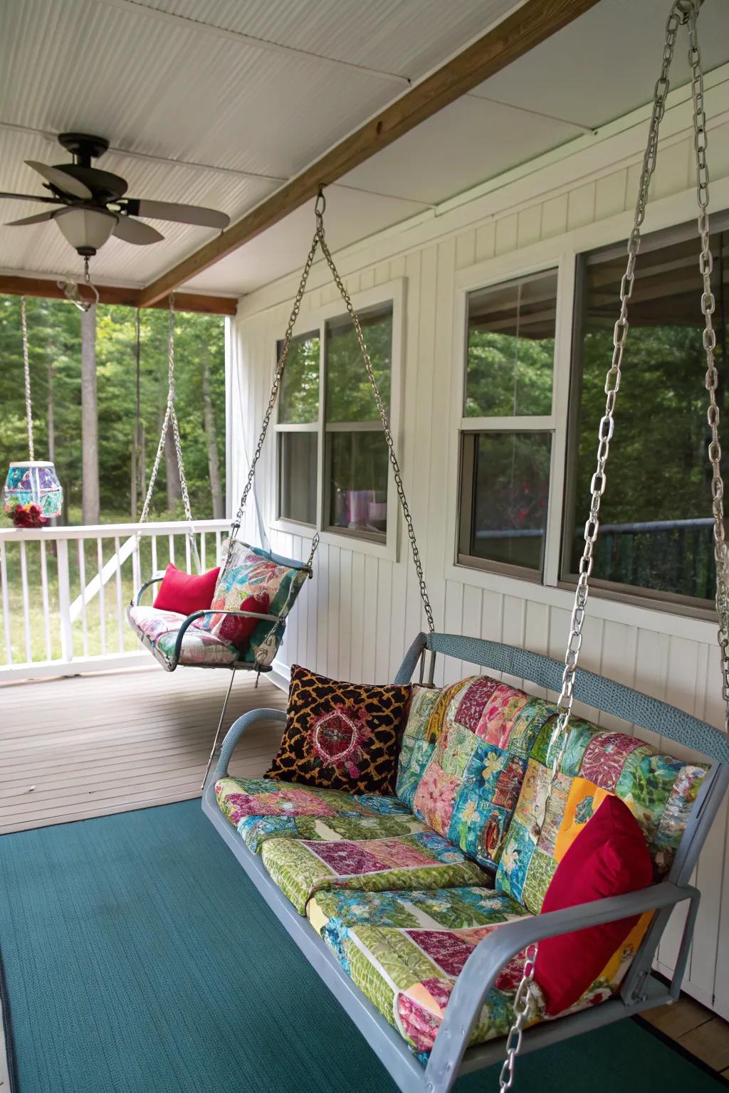 Swing chairs bring a touch of whimsy and relaxation to your porch.