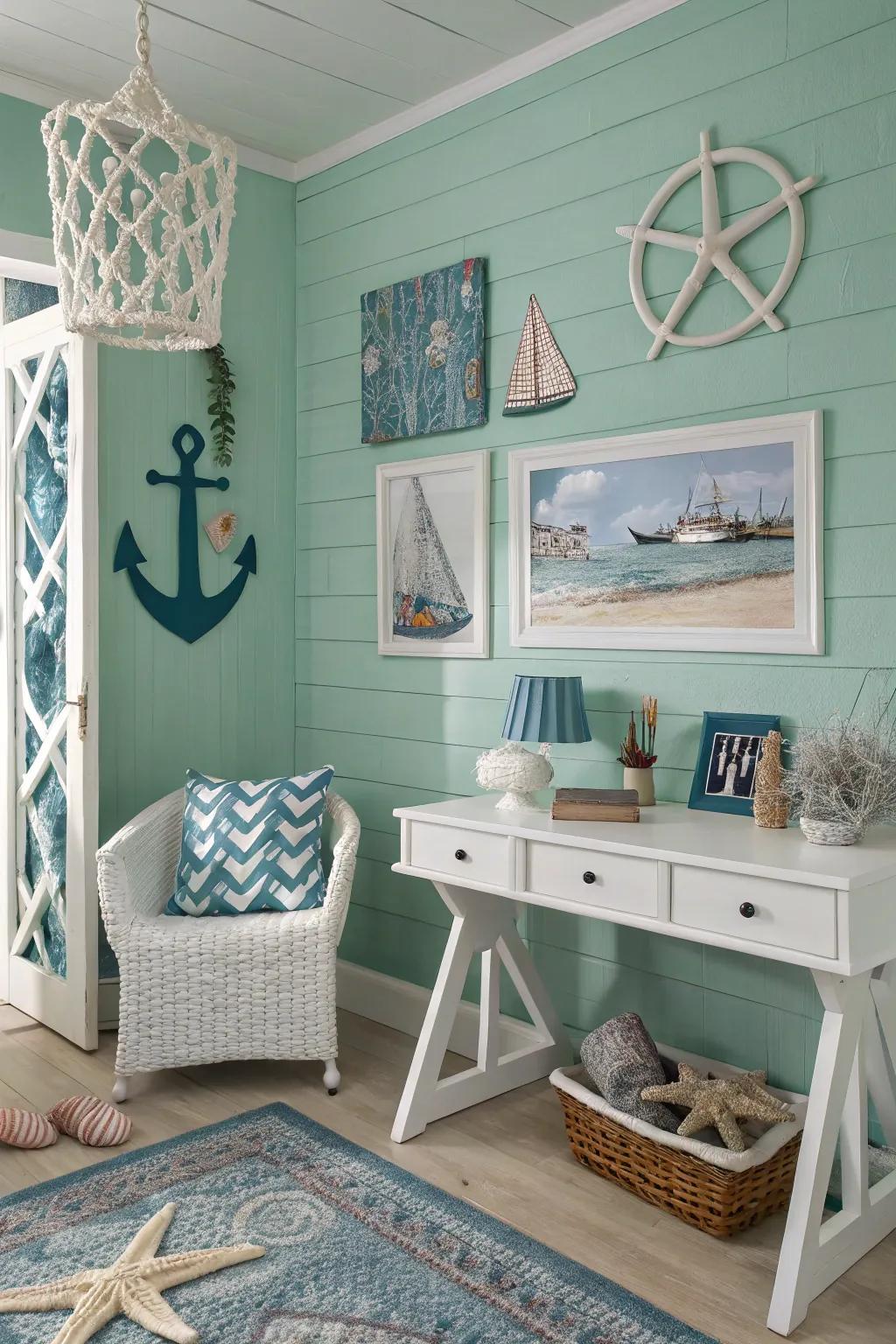 A coastal vibe with seafoam green walls, enhanced by blue and white accents.