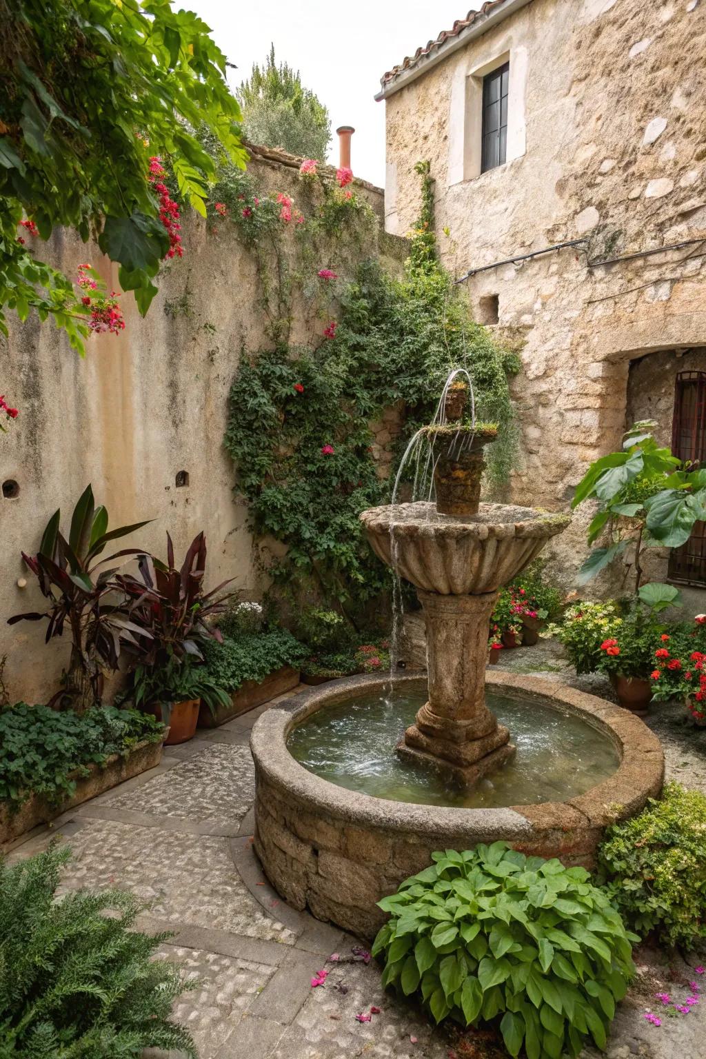 A small courtyard with a rustic stone water fountain surrounded by greenery.