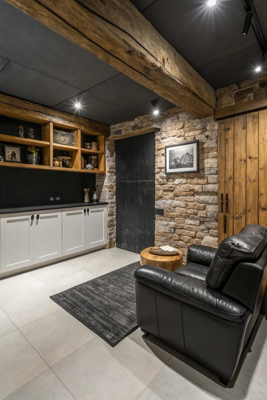 Monochrome colors give a small man cave a spacious and sophisticated feel.