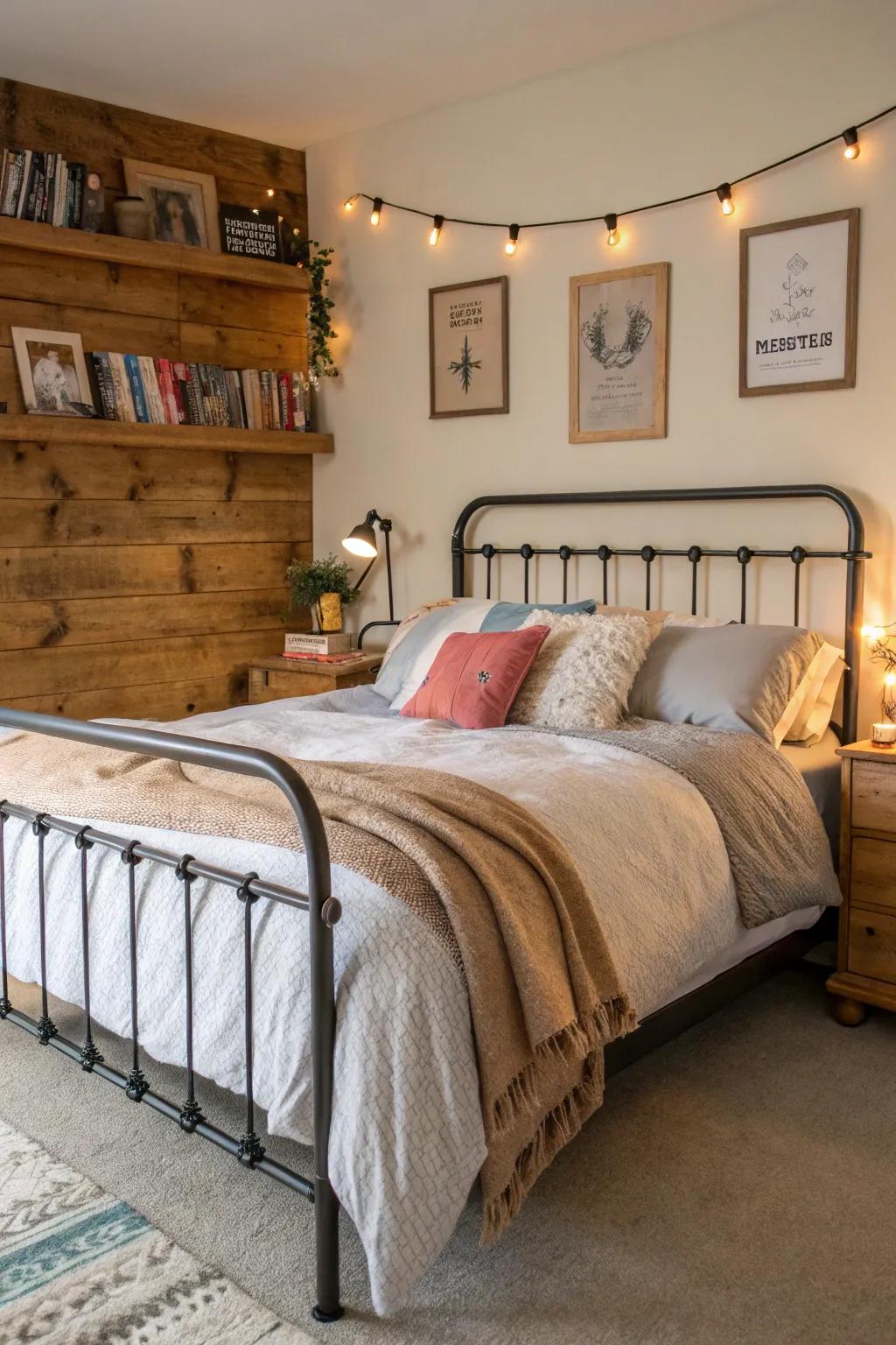 A steel frame bed with a wooden headboard offers both strength and warmth.