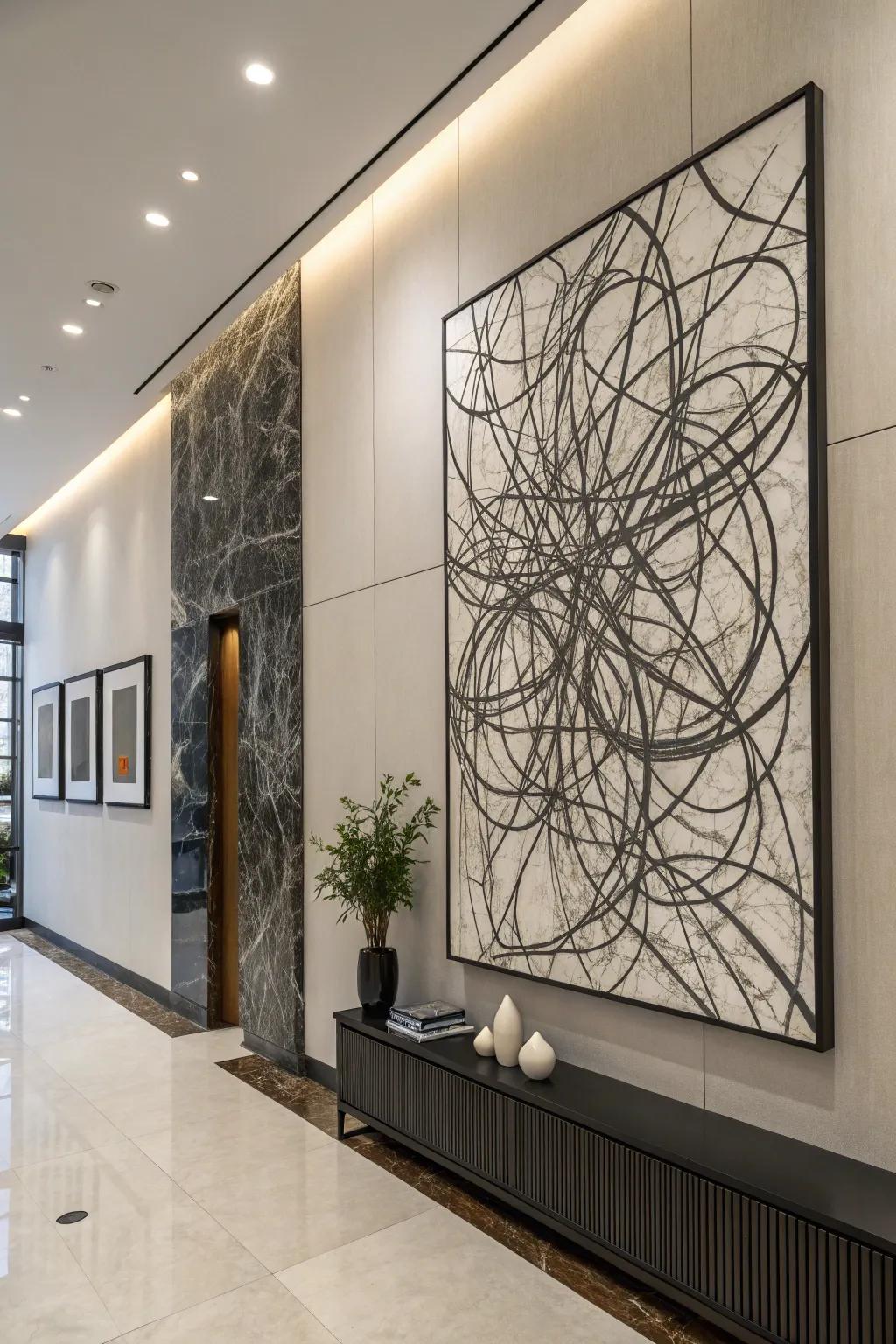 A monochrome tangled masterpiece adding elegance to a modern room.