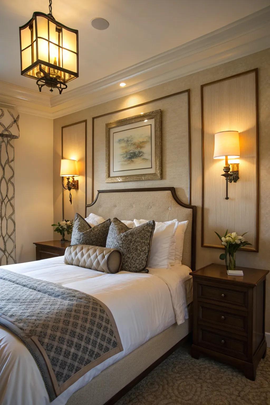 Wall sconces provide a gentle, ambient light in the bedroom.