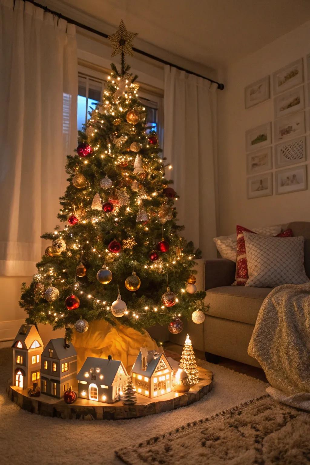 A miniature village under the tree adds a whimsical touch to your holiday decor.