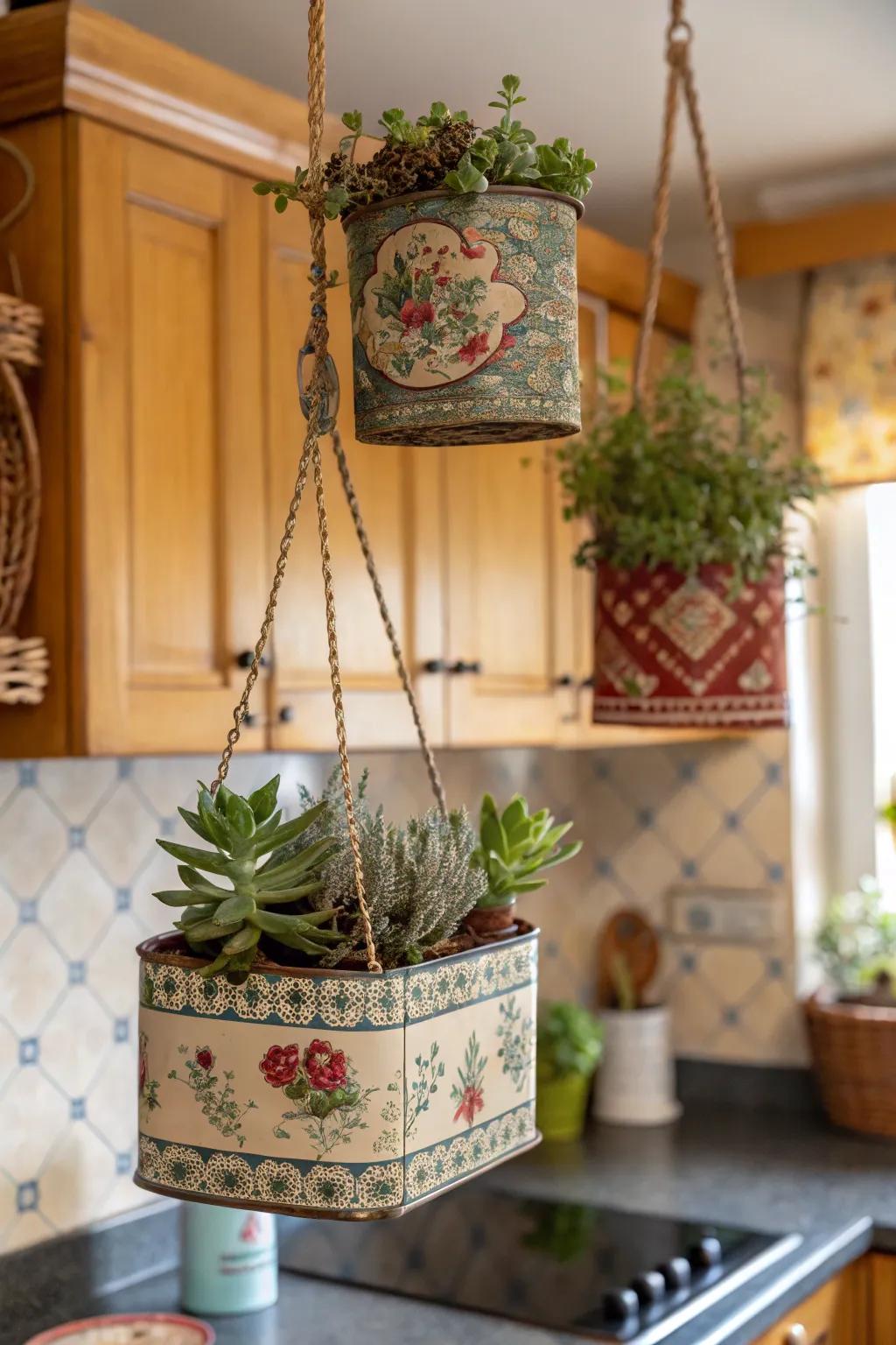 Vintage tea tins offer a nostalgic charm as hanging planters.