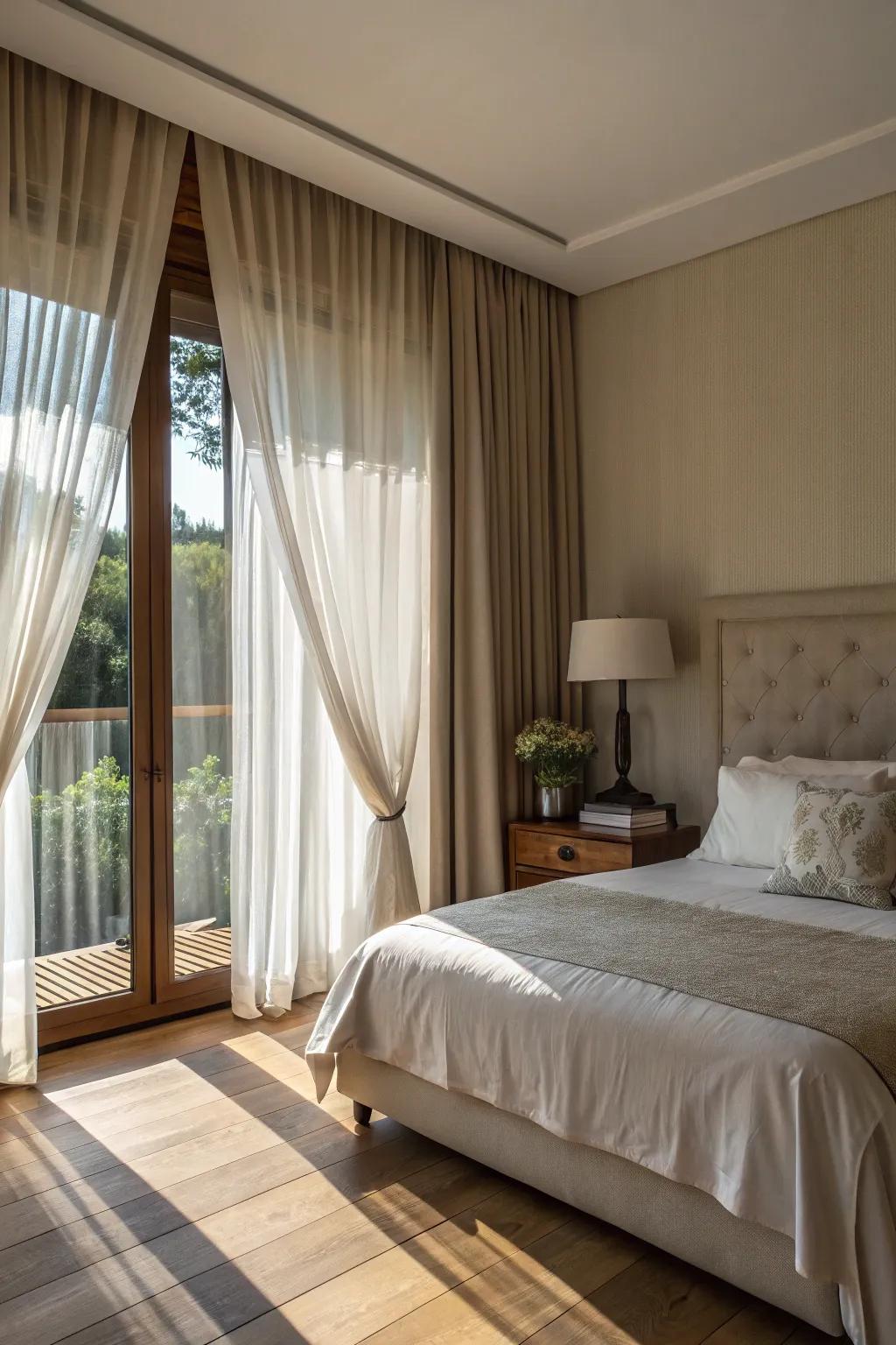 Add a touch of elegance with a curtain headboard in your bedroom.