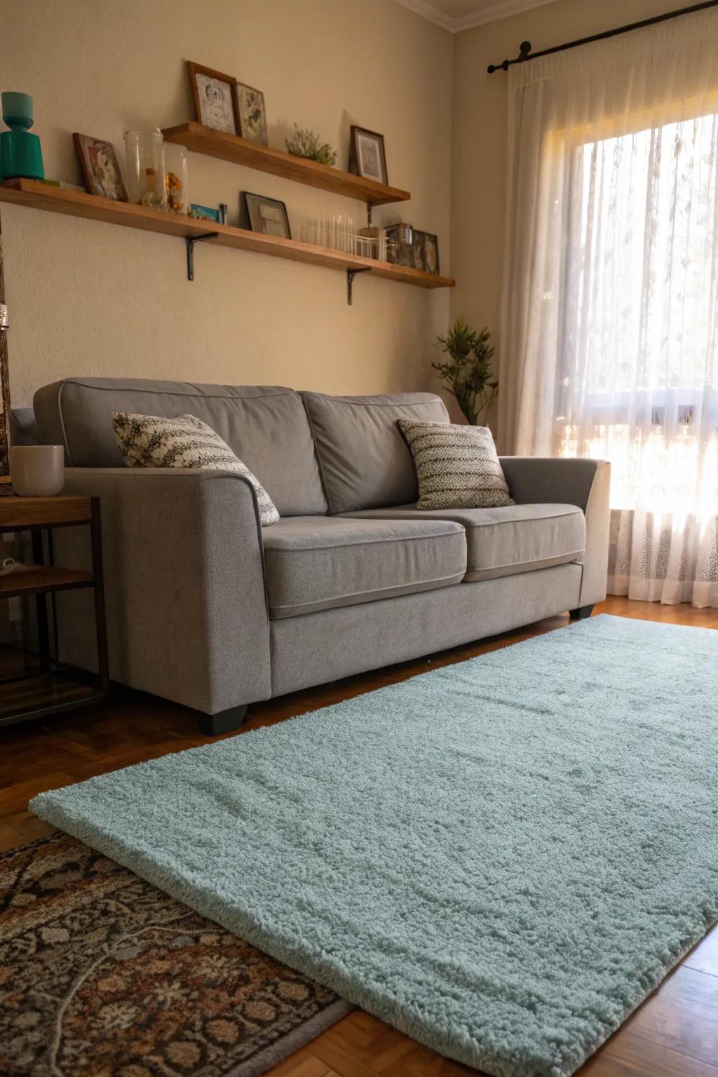 Light blue rugs introduce a calming and serene vibe to a grey sofa setting.