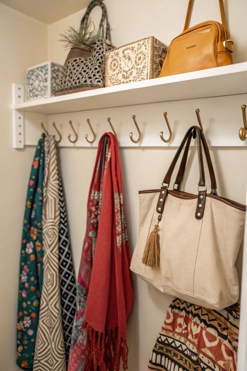 Hooks offer practical storage for accessories in compact spaces.